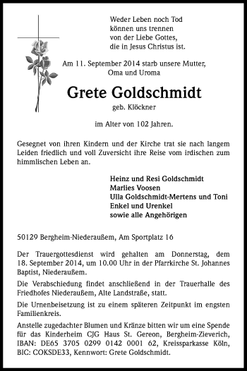 Anzeige von Grete Goldschmidt von Kölner Stadt-Anzeiger / Kölnische Rundschau / Express