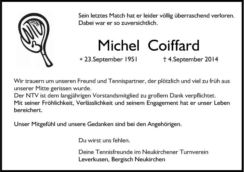 Traueranzeige für Michel Coiffard vom 13.09.2014 aus Kölner Stadt-Anzeiger / Kölnische Rundschau / Express