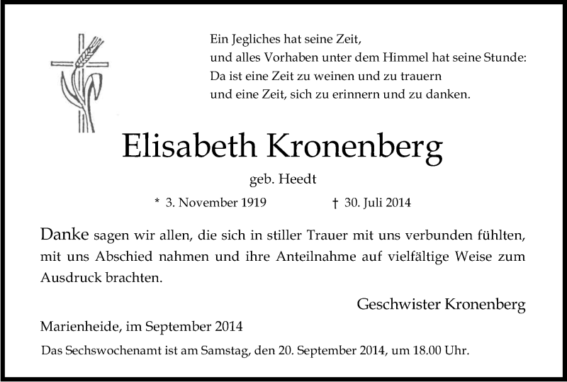  Traueranzeige für Elisabeth Kronenberg vom 13.09.2014 aus Kölner Stadt-Anzeiger / Kölnische Rundschau / Express