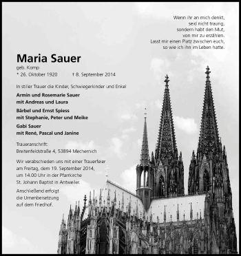 Anzeige von Maria Sauer von Kölner Stadt-Anzeiger / Kölnische Rundschau / Express