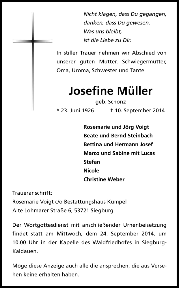  Traueranzeige für Josefine Müller vom 13.09.2014 aus Kölner Stadt-Anzeiger / Kölnische Rundschau / Express