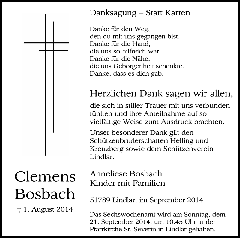  Traueranzeige für Clemens Bosbach vom 13.09.2014 aus Kölner Stadt-Anzeiger / Kölnische Rundschau / Express