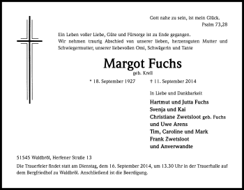Anzeige von Margot Fuchs von Kölner Stadt-Anzeiger / Kölnische Rundschau / Express