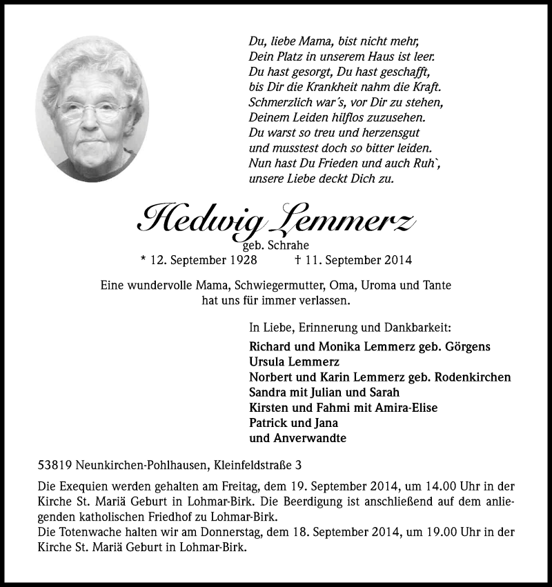  Traueranzeige für Hedwig Lemmerz vom 13.09.2014 aus Kölner Stadt-Anzeiger / Kölnische Rundschau / Express