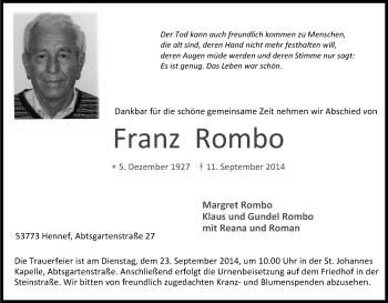 Anzeige von Franz Rombo von Kölner Stadt-Anzeiger / Kölnische Rundschau / Express