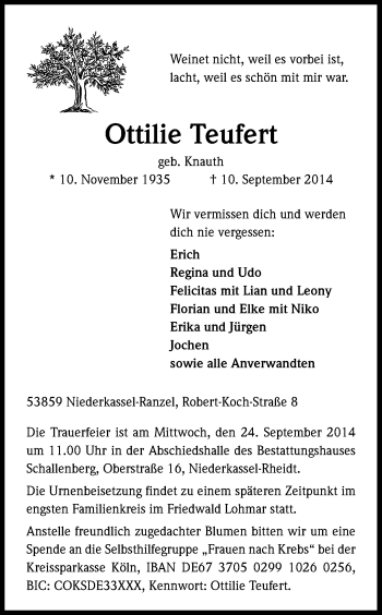 Anzeige von Ottilie Teufert von Kölner Stadt-Anzeiger / Kölnische Rundschau / Express