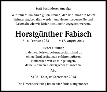Anzeige von Horstgünther Fabisch von Kölner Stadt-Anzeiger / Kölnische Rundschau / Express