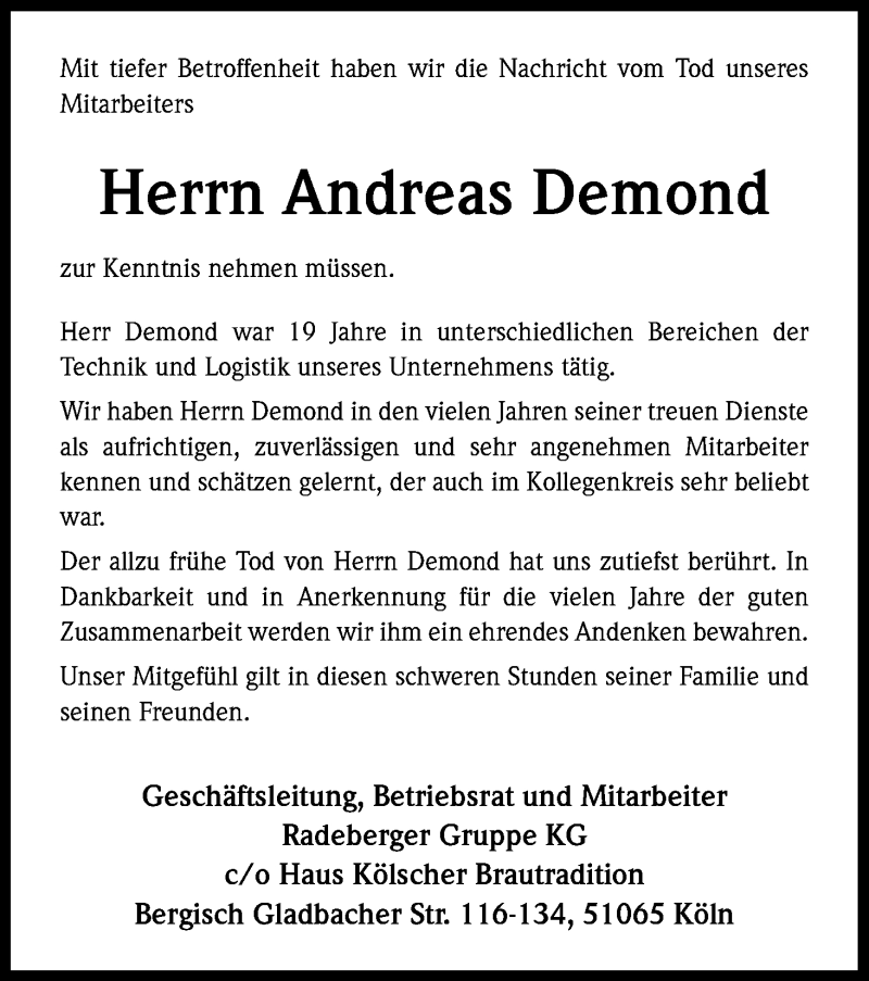  Traueranzeige für Andreas Demond vom 13.09.2014 aus Kölner Stadt-Anzeiger / Kölnische Rundschau / Express