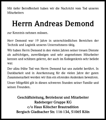 Anzeige von Andreas Demond von Kölner Stadt-Anzeiger / Kölnische Rundschau / Express