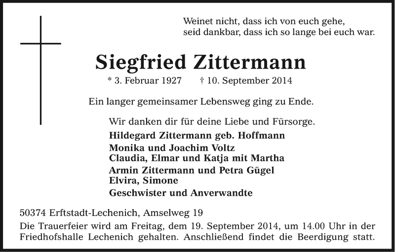  Traueranzeige für Siegfried Zittermann vom 13.09.2014 aus Kölner Stadt-Anzeiger / Kölnische Rundschau / Express