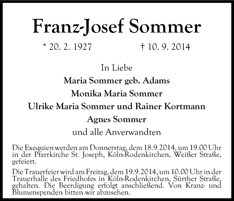  Traueranzeige für Franz-Josef Sommer vom 16.09.2014 aus Kölner Stadt-Anzeiger / Kölnische Rundschau / Express