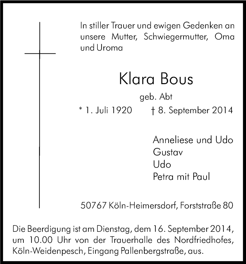  Traueranzeige für Klara Bous vom 13.09.2014 aus Kölner Stadt-Anzeiger / Kölnische Rundschau / Express