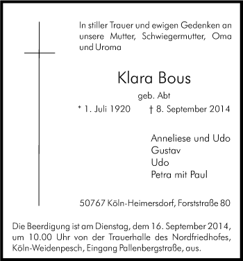 Anzeige von Klara Bous von Kölner Stadt-Anzeiger / Kölnische Rundschau / Express