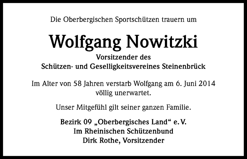  Traueranzeige für Wolfgang Nowitzki vom 13.09.2014 aus Köln - Wir Trauern