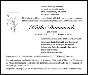 Anzeige von Käthe Dammrich von Kölner Stadt-Anzeiger / Kölnische Rundschau / Express