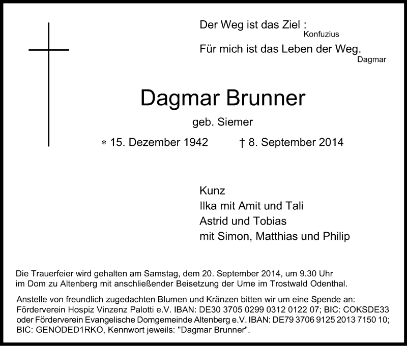  Traueranzeige für Dagmar Brunner vom 16.09.2014 aus Kölner Stadt-Anzeiger / Kölnische Rundschau / Express