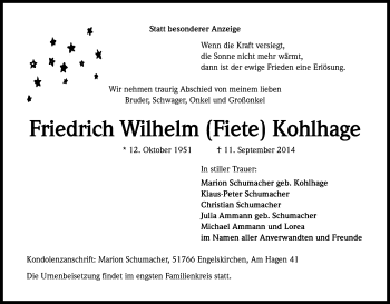 Anzeige von Friedrich Wilhelm Kohlhage von Kölner Stadt-Anzeiger / Kölnische Rundschau / Express