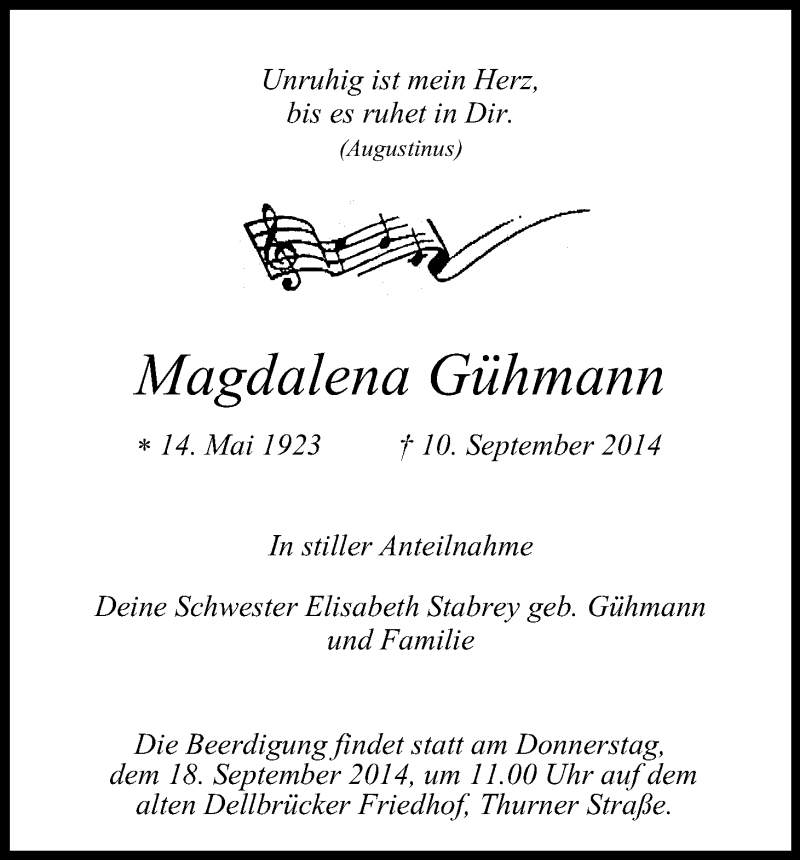  Traueranzeige für Magdalena Gühmann vom 16.09.2014 aus Kölner Stadt-Anzeiger / Kölnische Rundschau / Express