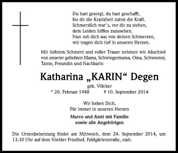 Anzeige von Katharina Degen von Kölner Stadt-Anzeiger / Kölnische Rundschau / Express
