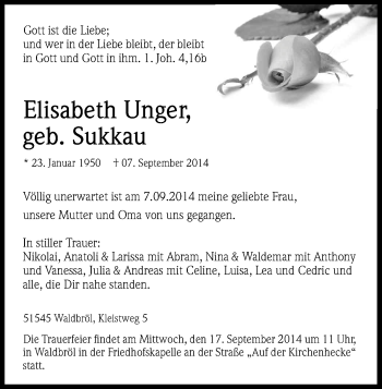 Anzeige von Elisabeth Unger von Kölner Stadt-Anzeiger / Kölnische Rundschau / Express
