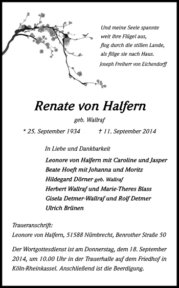 Anzeige von Renate von Hafern von Kölner Stadt-Anzeiger / Kölnische Rundschau / Express