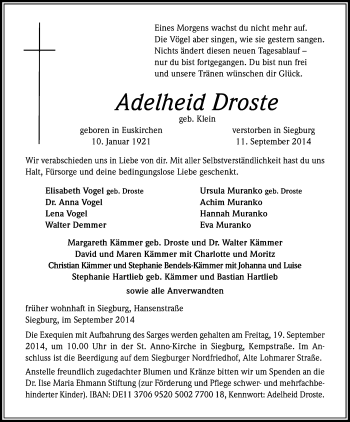 Anzeige von Adelheid Droste von Kölner Stadt-Anzeiger / Kölnische Rundschau / Express