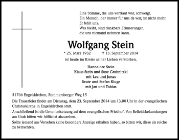 Anzeige von Wolfgang Stein von Kölner Stadt-Anzeiger / Kölnische Rundschau / Express