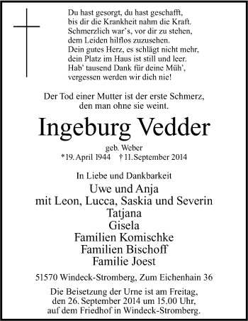 Anzeige von Ingeburg Vedder von Kölner Stadt-Anzeiger / Kölnische Rundschau / Express