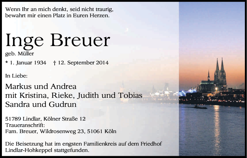  Traueranzeige für Inge Breuer vom 20.09.2014 aus Kölner Stadt-Anzeiger / Kölnische Rundschau / Express