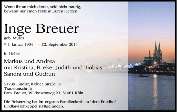 Anzeige von Inge Breuer von Kölner Stadt-Anzeiger / Kölnische Rundschau / Express