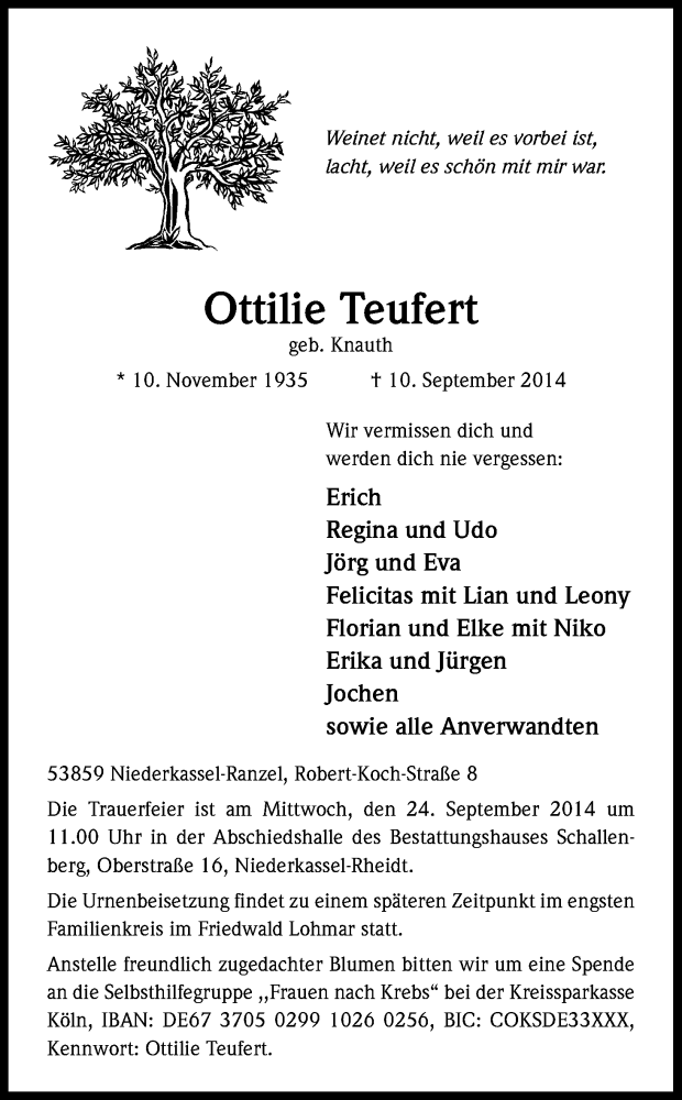  Traueranzeige für Ottilie Teufert vom 16.09.2014 aus Kölner Stadt-Anzeiger / Kölnische Rundschau / Express