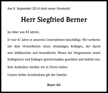 Anzeige von Siegfried Berner von Kölner Stadt-Anzeiger / Kölnische Rundschau / Express