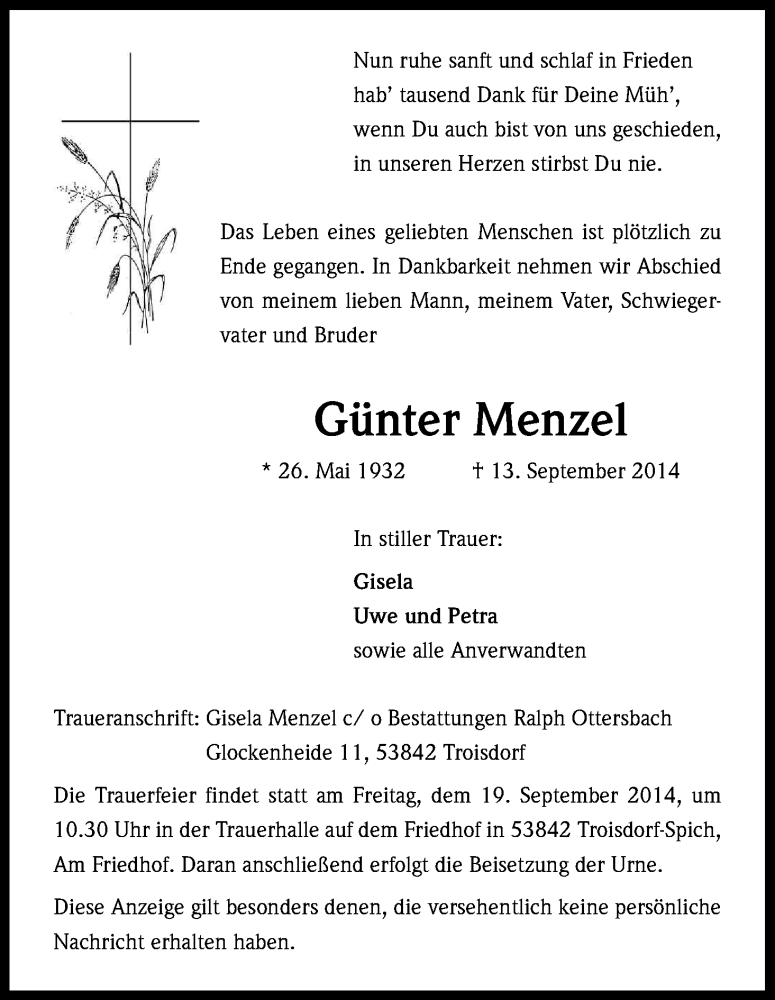 Traueranzeige für Günter Menzel vom 16.09.2014 aus Kölner Stadt-Anzeiger / Kölnische Rundschau / Express