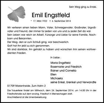 Anzeige von Emil Engstfeld von Kölner Stadt-Anzeiger / Kölnische Rundschau / Express
