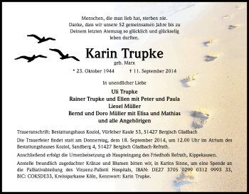 Anzeige von Karin Trupke von Kölner Stadt-Anzeiger / Kölnische Rundschau / Express