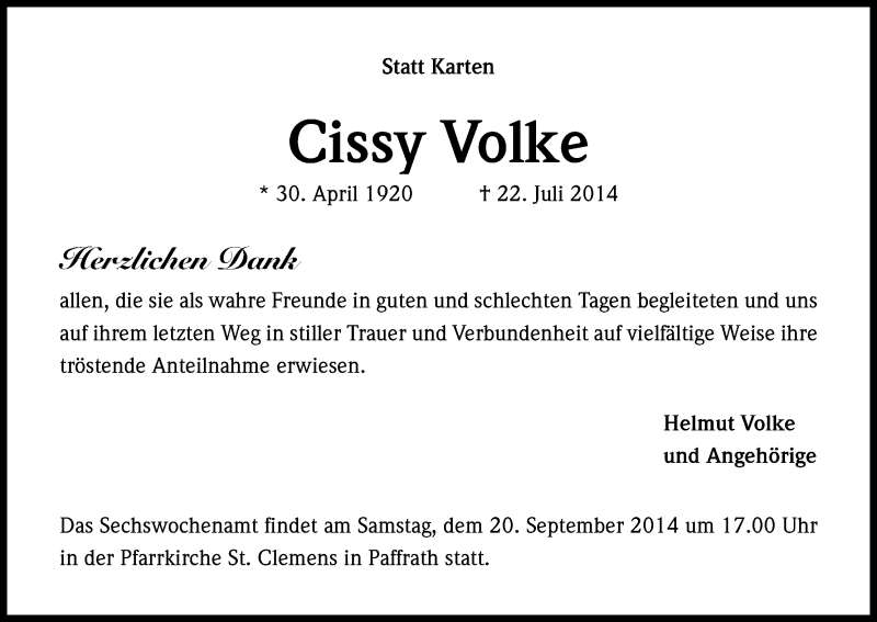  Traueranzeige für Cissy Volke vom 17.09.2014 aus Kölner Stadt-Anzeiger / Kölnische Rundschau / Express