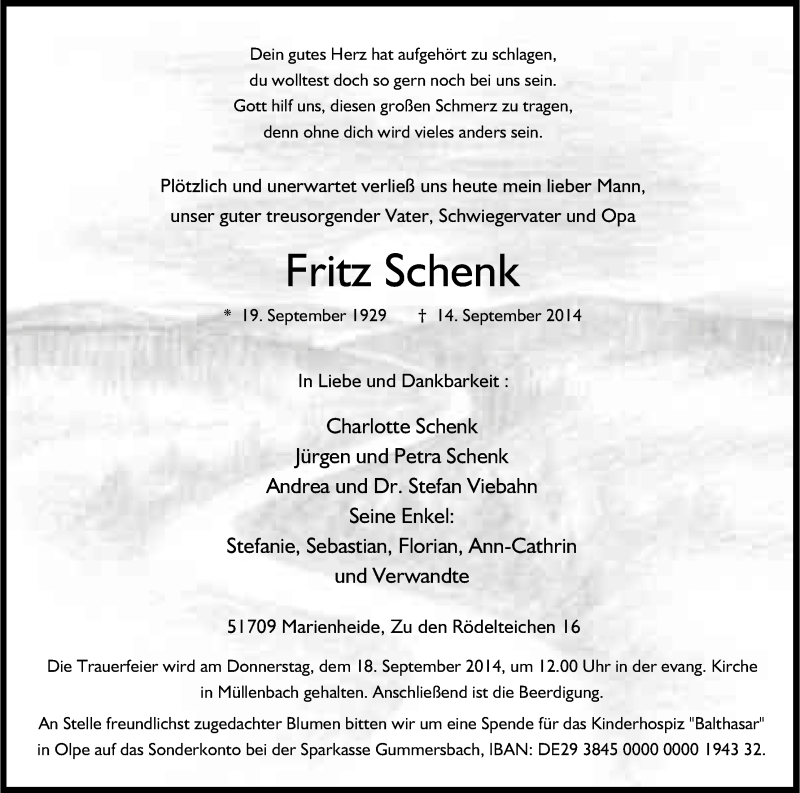  Traueranzeige für Fritz Schenk vom 16.09.2014 aus Kölner Stadt-Anzeiger / Kölnische Rundschau / Express