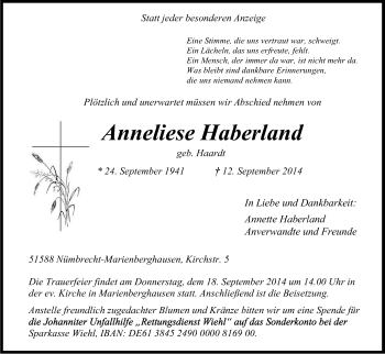 Anzeige von Anneliese Haberland von Kölner Stadt-Anzeiger / Kölnische Rundschau / Express