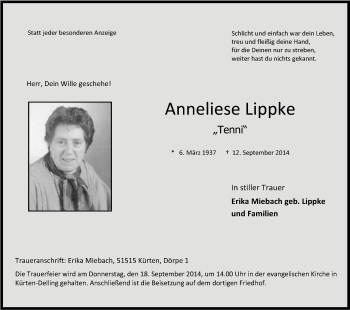 Anzeige von Anneliese Lippke von Kölner Stadt-Anzeiger / Kölnische Rundschau / Express