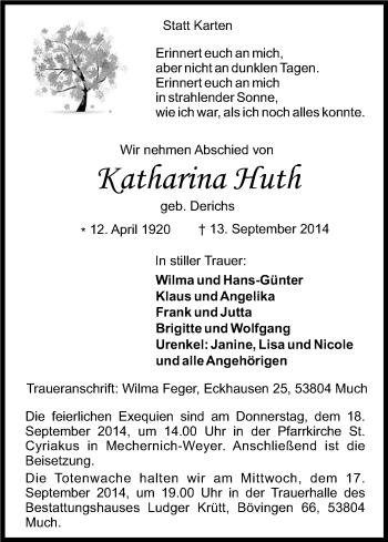 Anzeige von Katharina Huth von Kölner Stadt-Anzeiger / Kölnische Rundschau / Express