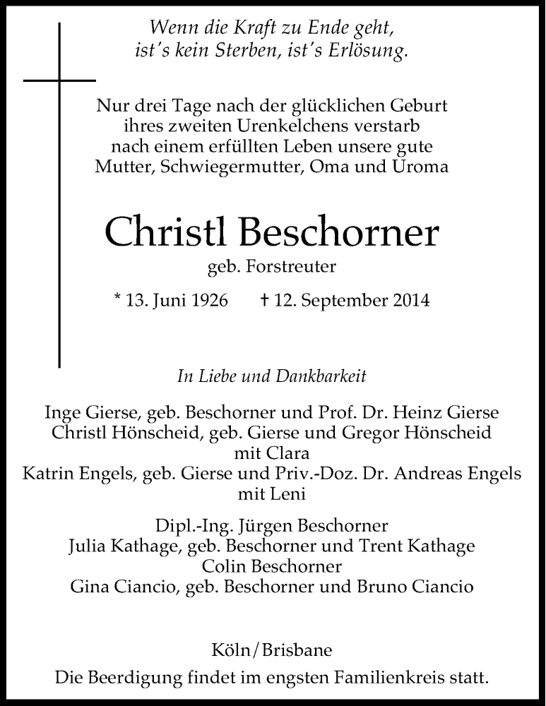  Traueranzeige für Christi Beschorner vom 17.09.2014 aus Kölner Stadt-Anzeiger / Kölnische Rundschau / Express