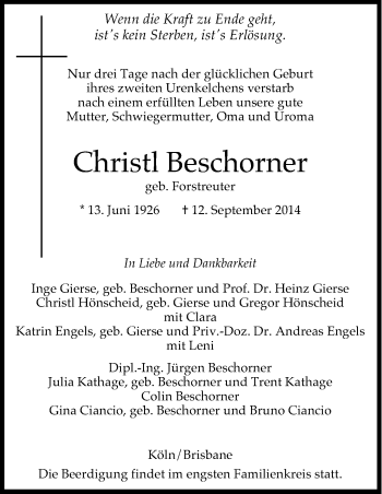 Anzeige von Christi Beschorner von Kölner Stadt-Anzeiger / Kölnische Rundschau / Express