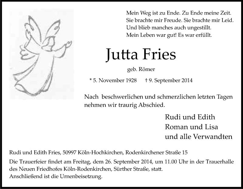 Traueranzeige für Jutta Fries vom 20.09.2014 aus Kölner Stadt-Anzeiger / Kölnische Rundschau / Express