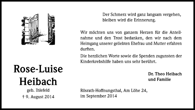  Traueranzeige für Rose-Luise Heibach vom 20.09.2014 aus Kölner Stadt-Anzeiger / Kölnische Rundschau / Express