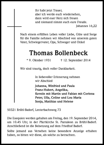Anzeige von Thomas Bollenbeck von Kölner Stadt-Anzeiger / Kölnische Rundschau / Express