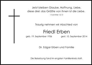 Anzeige von Friedl Erben von Kölner Stadt-Anzeiger / Kölnische Rundschau / Express