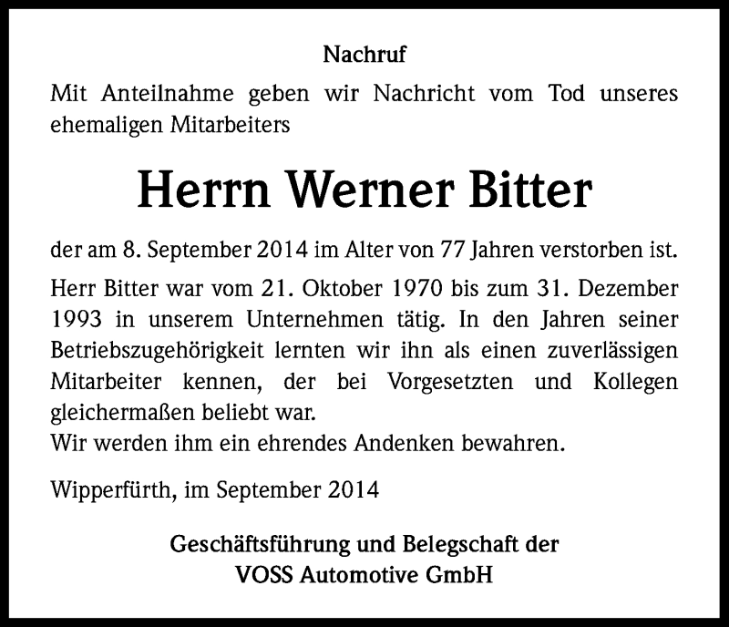  Traueranzeige für Werner Bitter vom 16.09.2014 aus Kölner Stadt-Anzeiger / Kölnische Rundschau / Express