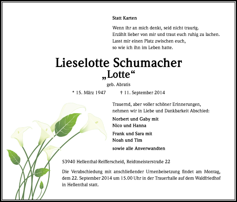  Traueranzeige für Lieselotte Schumacher vom 17.09.2014 aus Kölner Stadt-Anzeiger / Kölnische Rundschau / Express