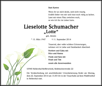 Anzeige von Lieselotte Schumacher von Kölner Stadt-Anzeiger / Kölnische Rundschau / Express
