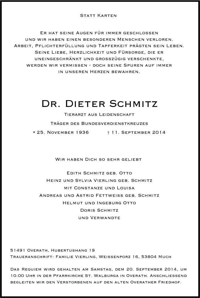  Traueranzeige für Dieter Schmitz vom 17.09.2014 aus Kölner Stadt-Anzeiger / Kölnische Rundschau / Express